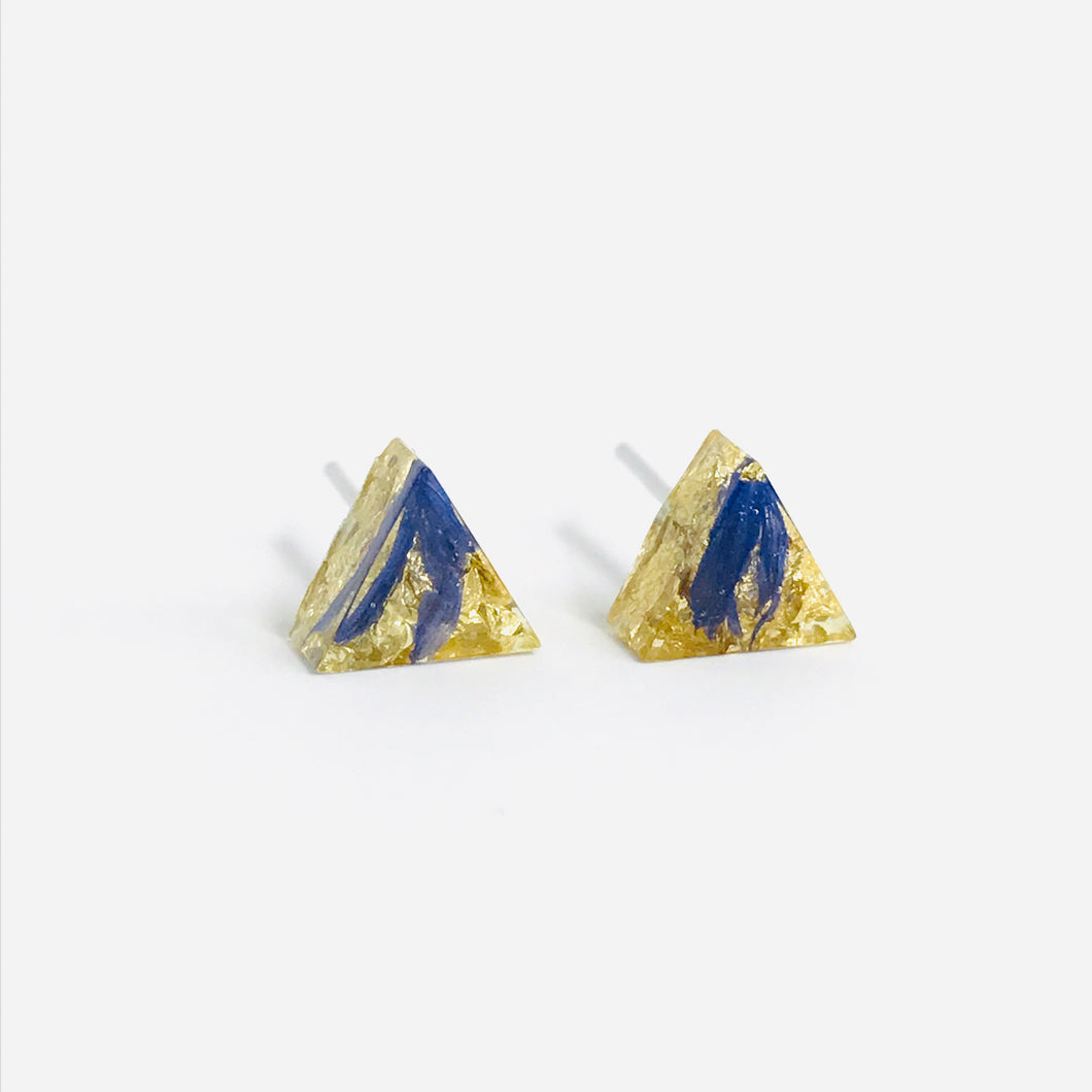 Blue and Gold resin triangle stud earrings