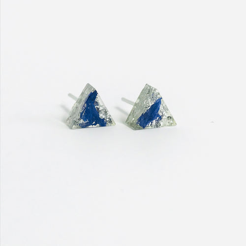 Blue and Silver triangle resin stud earrings