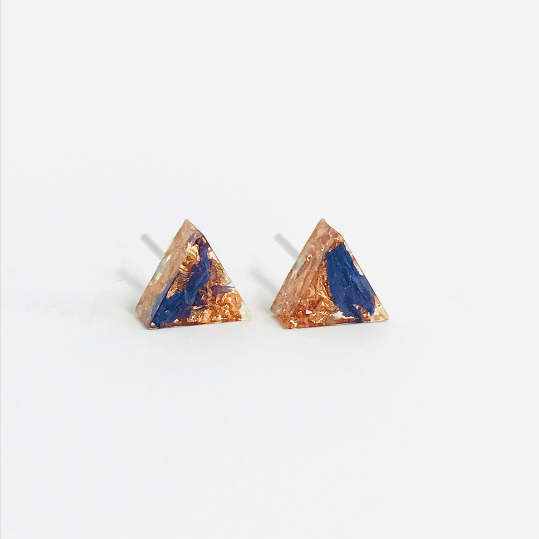 Blue and Copper resin triangle stud earrings