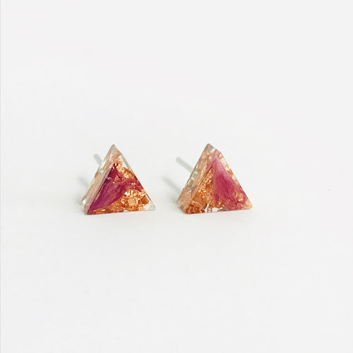 Pink and Copper resin triangle stud earrings