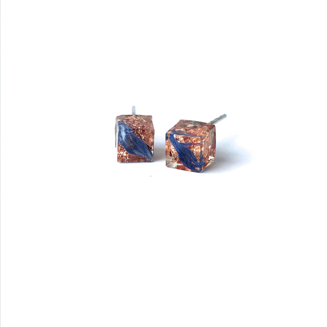 Copper Leaf and Blue Flower Petal Resin Cube Stud Earrings