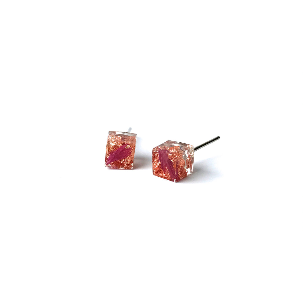 Copper Leaf and Pink flower petal resin cube stud earring
