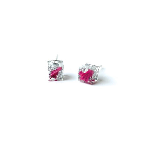 Silver Leaf and Pink Flower Petal Resin cube stud earrings