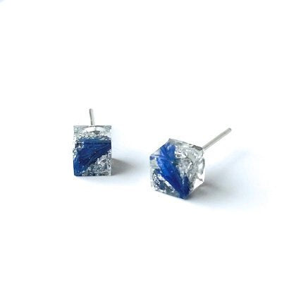 Silver Leaf and Blue Flower Petal Resin cube stud earrings