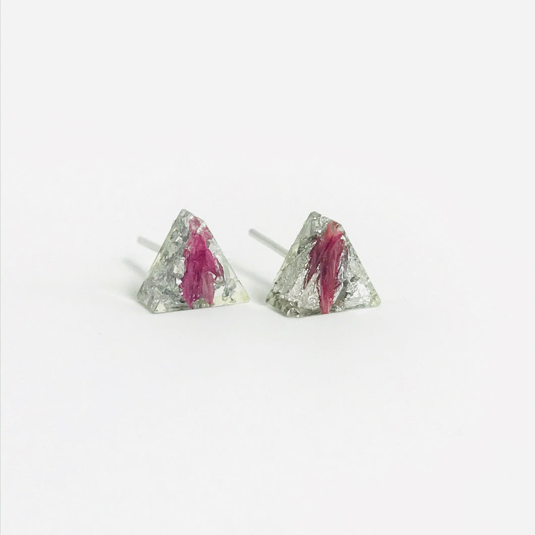 Pink and Silver resin triangle stud earrings